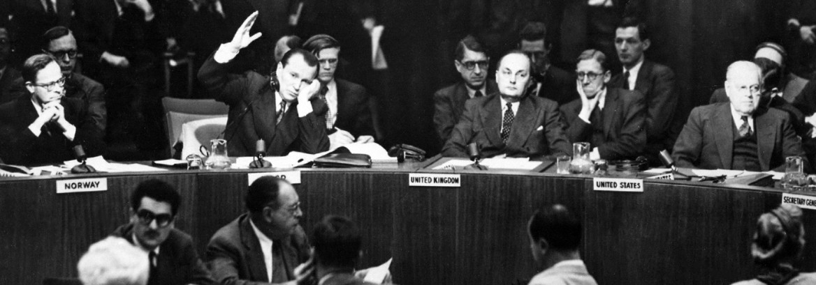 A black and white image of the UN security council.