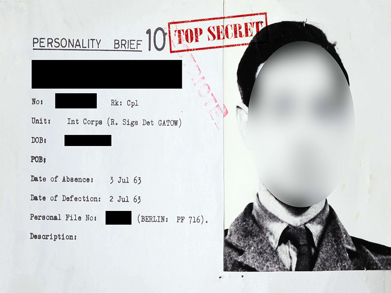 Identity card with entries blacked out and face blurred, featuring a red Top Secret stamp.