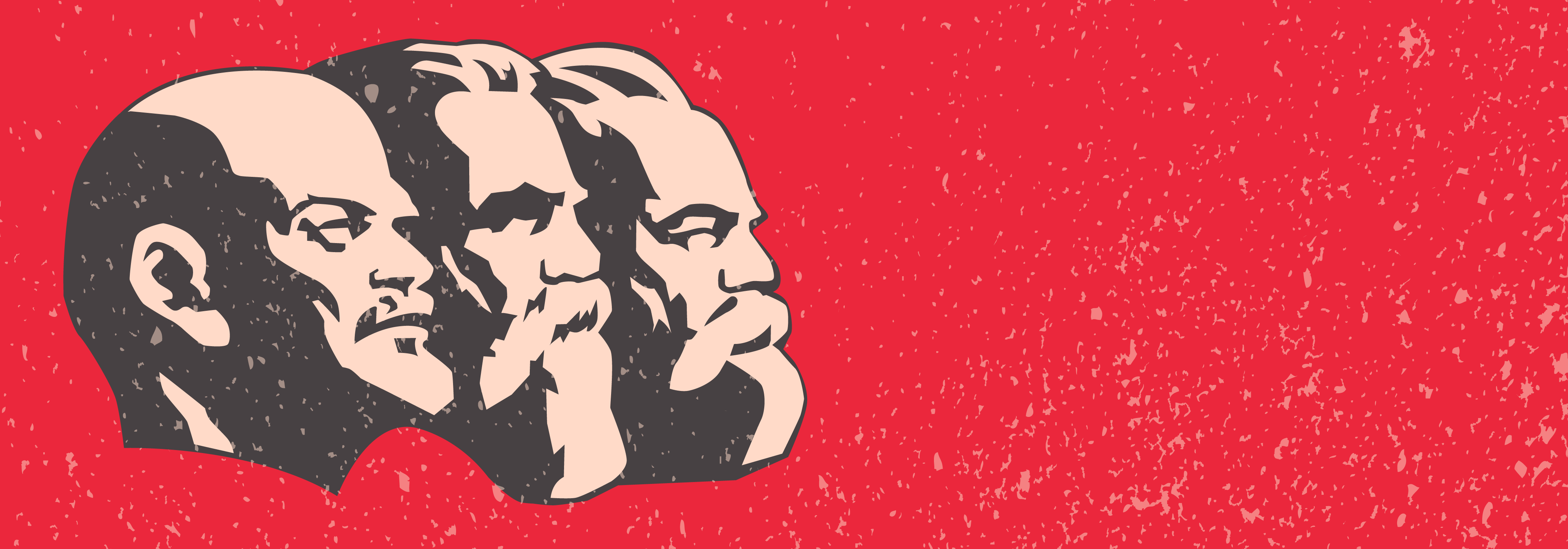 A side profile of Lenin, Engels, and Marx on a red background.