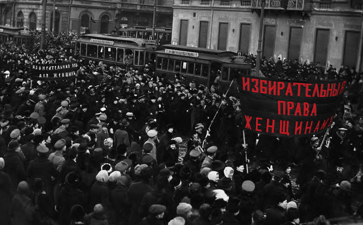 A black and white image of a Bolshevik rally in Petrograd.