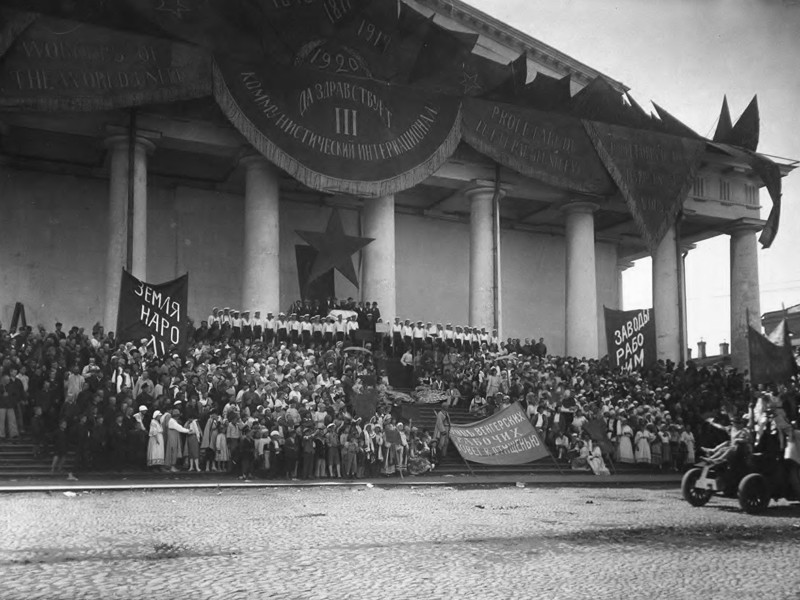 Black and white photograph of a Soviet rally in Petrograd.