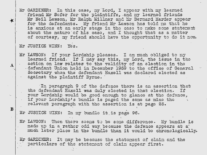 Section of the transcript of the opening speech, featuring Mr. Gardiner, Mr. Justice Winn, and Mr. Lawson.