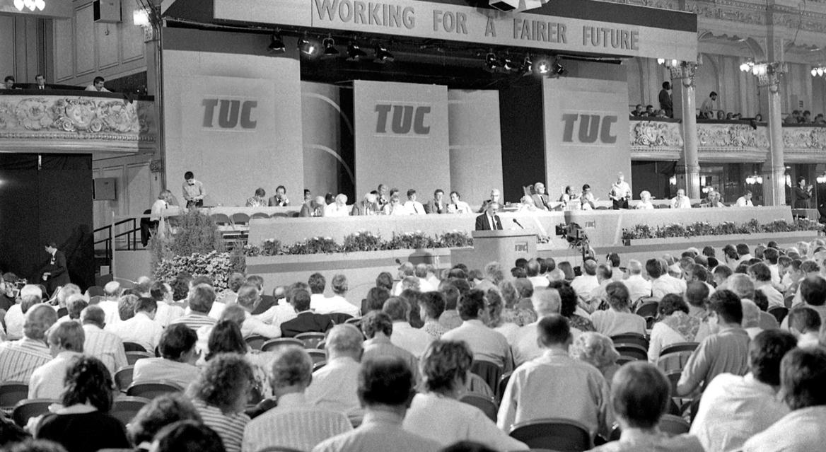 A photo of the stage and audience at the Trades Union Congress at Blackpool, England on September 4, 1989
