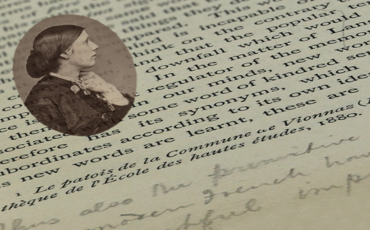 In the background is an extract from a book, annotated by Lady Welby. In the foreground on the top left, is an oval image of Lady Welby.