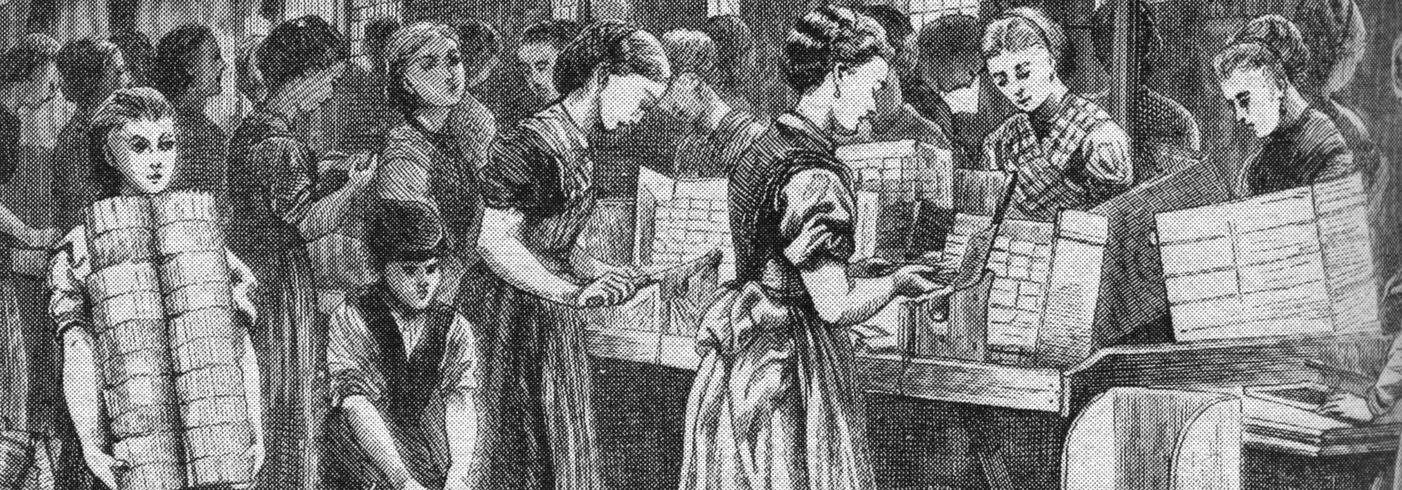 A drawing of women and children working in a match factory in London.