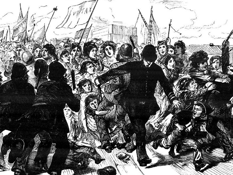 A cartoon from The Day's Doings, showing the police clashing with protesting match girls