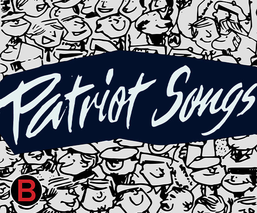 In the centre the words Patriot Songs are surrounded by cartoon drawings of people.