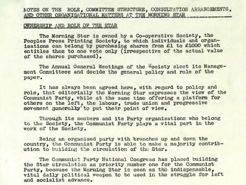 Section of a document titled notes on the role, committee structure, consultation arrangements, and other organisational matters at The Morning Star.