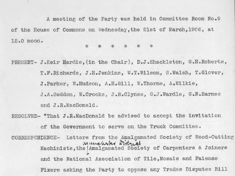 Top of a page recording the minutes of a meeting of the Parliamentary Labour Party on 21 March 1906.