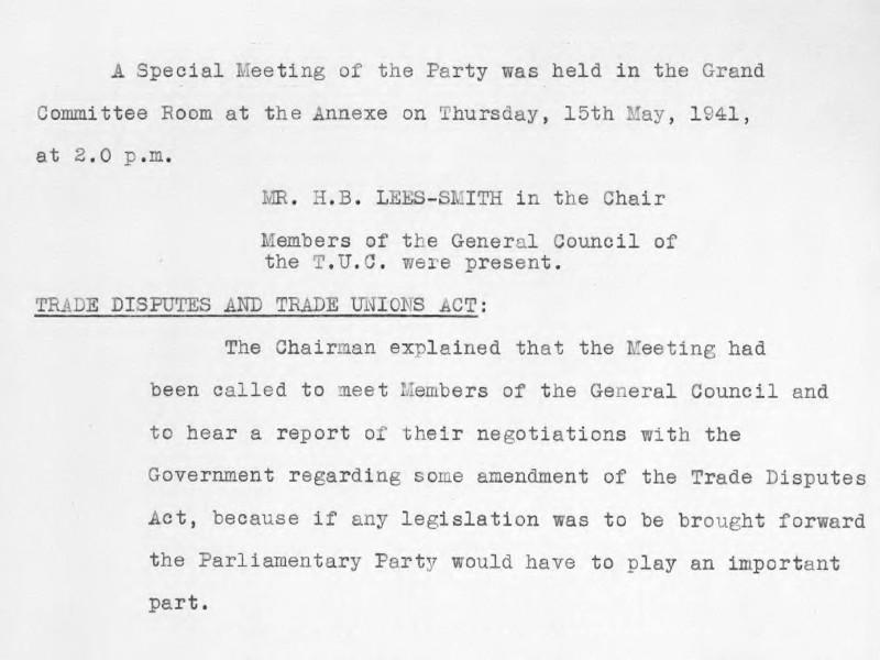 Top of a page recording the minutes of a special meeting on 15 May 1941 regarding the Trade Disputes and Trade Unions Act.