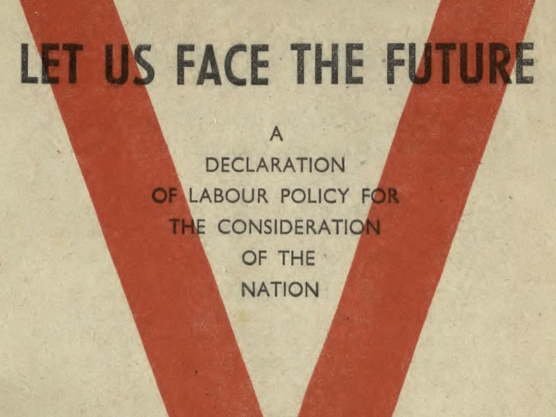 Cover of A Declaration of Labour Policy for the Consideration of the Nation, featuring the title Let Us Face The Future at the top and a red V shape in the background.