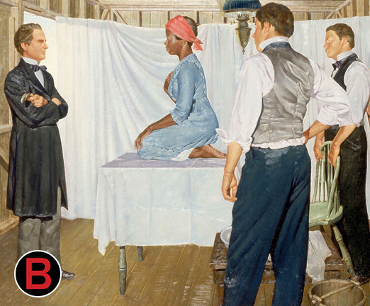 A 1952 painting by Robert Thom, the only known representation of Lucy, Anarcha, and Betsey. Two men stand around a medical table, where a black woman is kneeling. Two other women peak around a white curtain that is hung around the table.