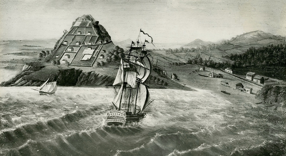 Oihi Bay, Bay of Islands – a photograph of an oil painting of the Rangihoua Mission Station established by Reverend Samuel Marsden. It was the site of the first Christian sermon preached in New Zealand on Christmas Day, 25 December 1814.