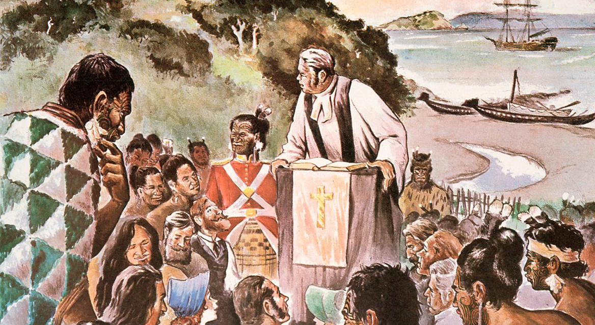 An image of a painting of Rev Samuel Marsden conducting New Zealand's first recorded Christian service on Christmas Day, 1814.