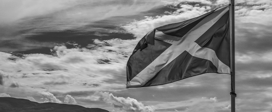 A black and white image of a Scotland flag in the wind in the countryside.