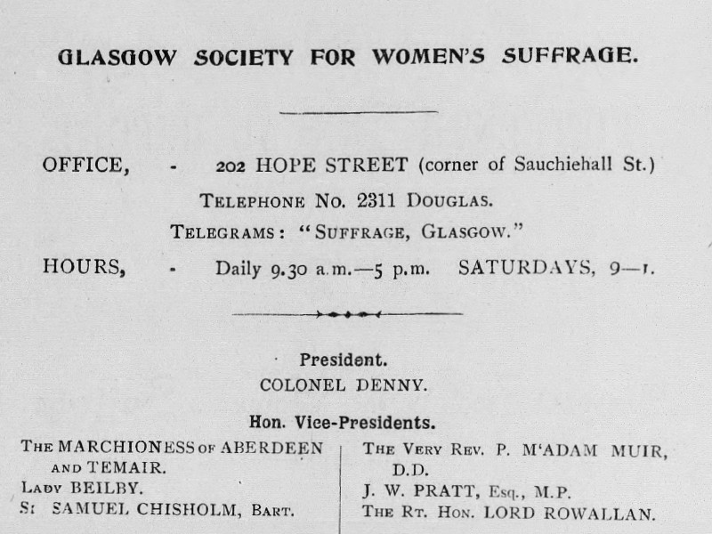 Cover of a report by the Glasgow Society for Women's Suffrage, including contact details and the names of the president and hon. vice presidents.