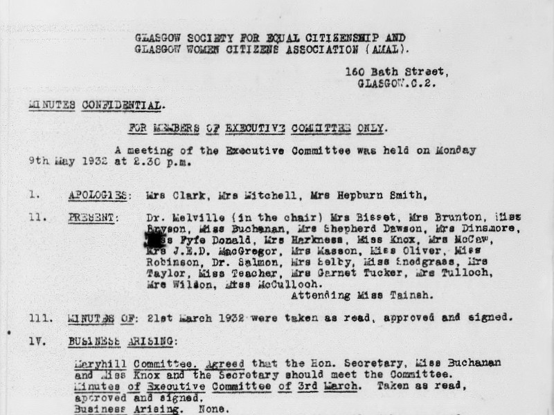 Section of typed minutes of a meeting held on 9 May 1932 by the Glasgow Society for Equal Citizenship and Glasgow Women Citizens Association.