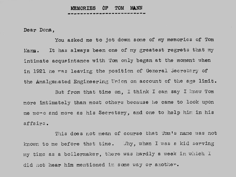 Typed letter addressed to Dona Torr, titled Memories of Tom Mann.