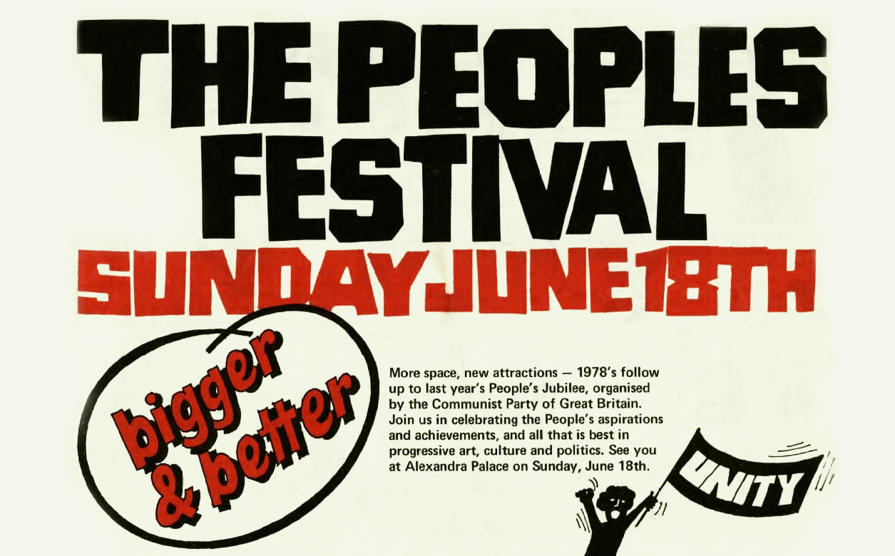 A poster for 'The Peoples Festival'. Black letters read 'The Peoples Festival' and underneath in red letters it reads 'Sunday June 18th' on a cream background.