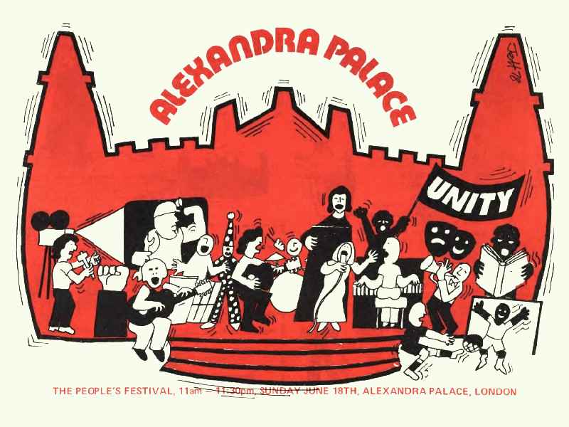 Cartoon depicting The People's Festival at Alexandria Palace on 18 June, showing people engaging with various arts in front of an orange silhouette of Alexandria Palace.