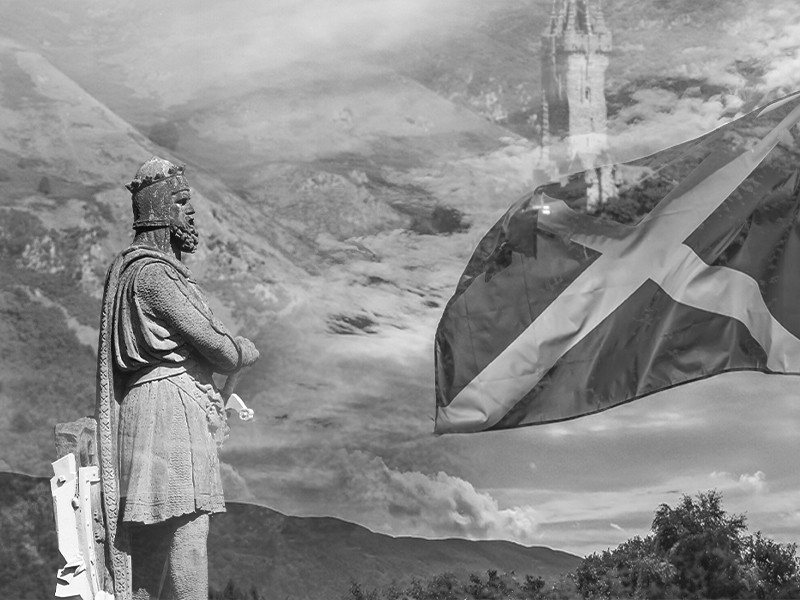 On the left is an image of the Statue of Robert the Bruce at Stirling Castle and on the right is the Scottish flag in the wind.