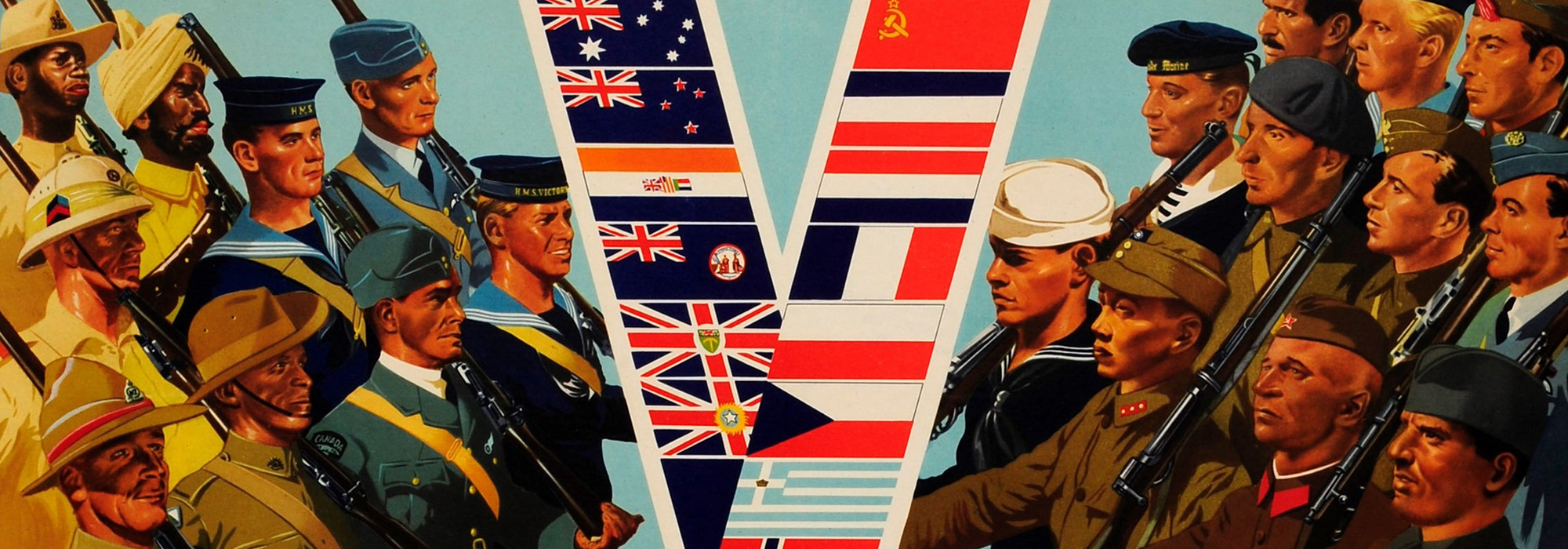 Colour poster by William Little issued in 1941 showing two groups of armed marching soldiers, one from each of the countries allied to fight Germany, Japan, and Italy, facing a giant V for victory composed of the flags of each of the countries allied in the fight.