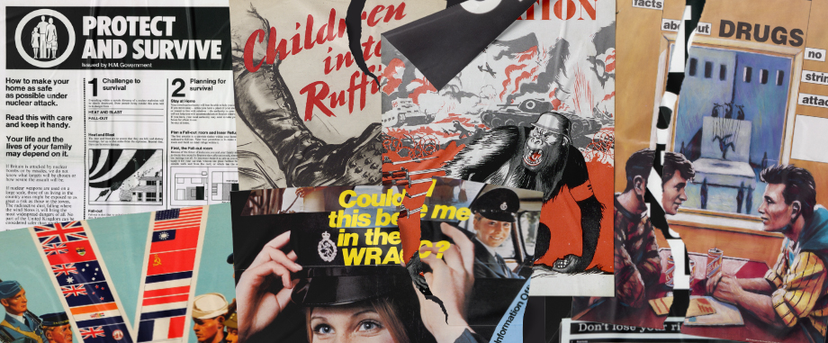 A collage of a variety of propaganda posters.