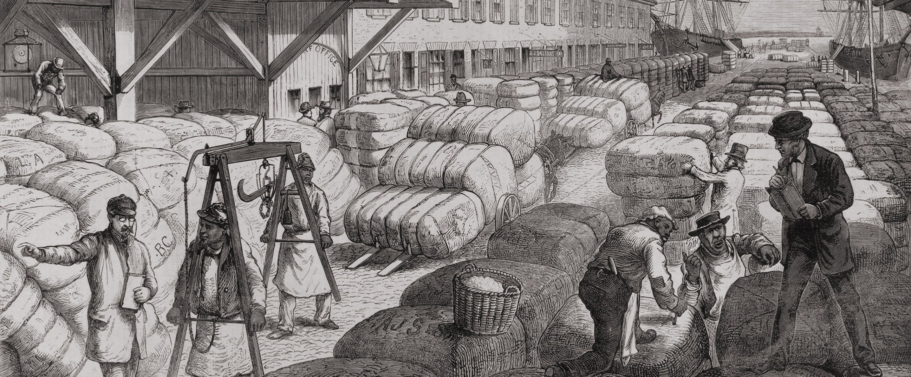 North Commercial wharf of Charleston, S.C. with cotton bales for shipping to foreign and domestic ports via sailing ships. 1878.