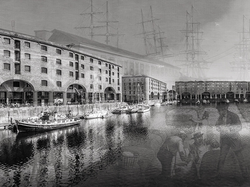 A black and white image of Liverpool docks. Overlaid is an image of North Commercial wharf of Charleston, S.C. with cotton bales for shipping to foreign and domestic ports via sailing ships.