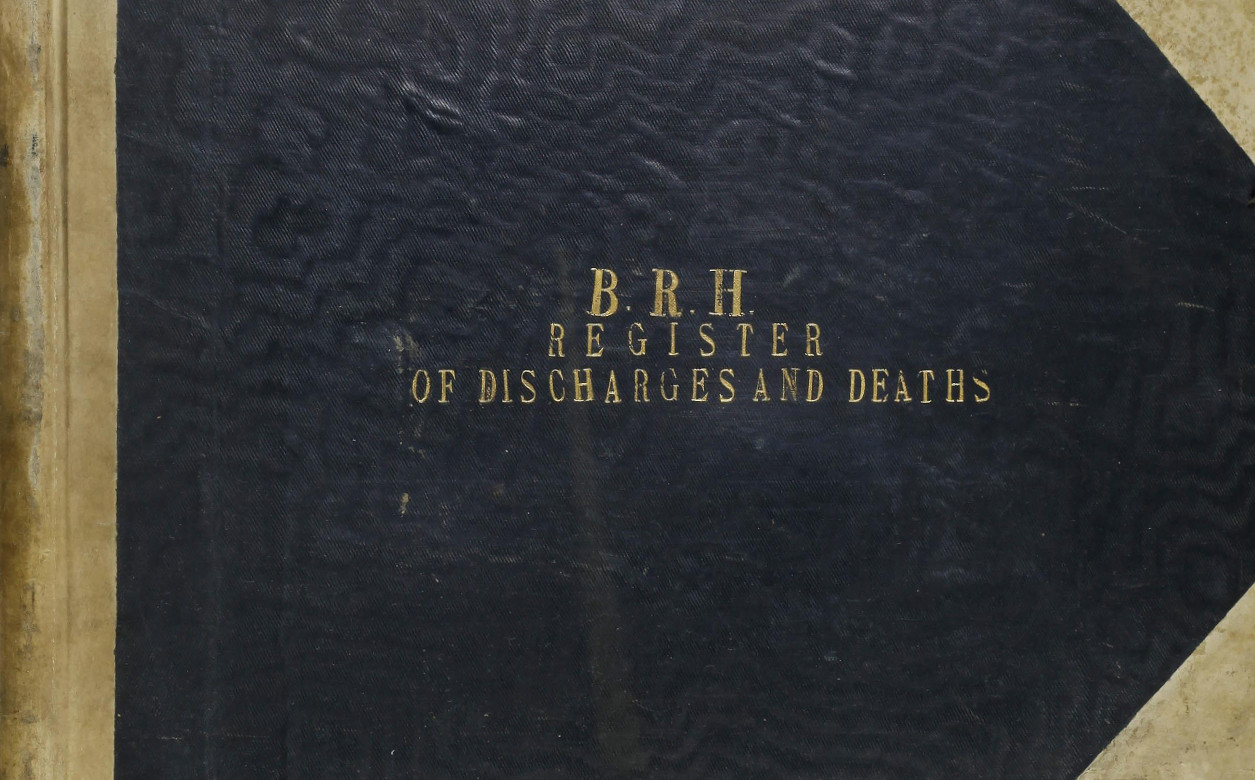 The front cover of a book. Navy blue background with gold letters reading 'B.R.H. Register of Discharges and Deaths'.