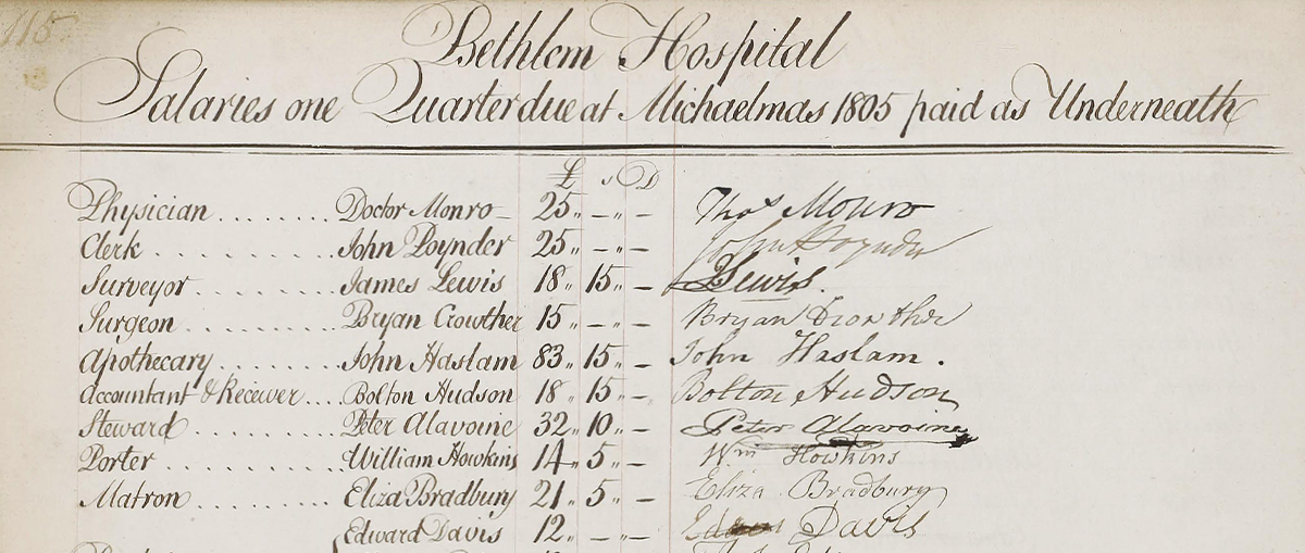 Black handwriting on a cream background. The title reads 'Bethlam Hospital' and included are details of salaries paid in 1805.