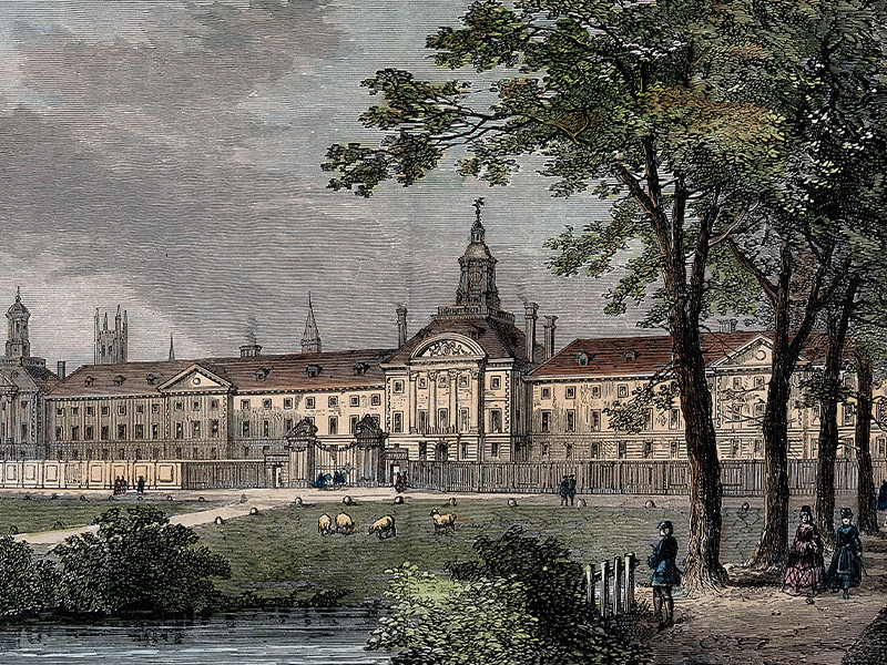 The Hospital of Bethlem [Bedlam] at Moorfields, London: seen from the north, with sheep grazing and people walking in the foreground. Coloured wood engraving by W. H. Prior.