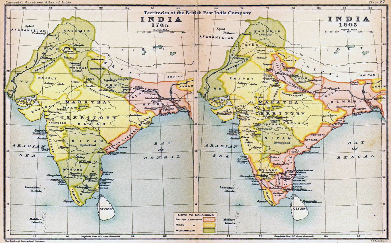 A map showing the territories of the British East India Company.