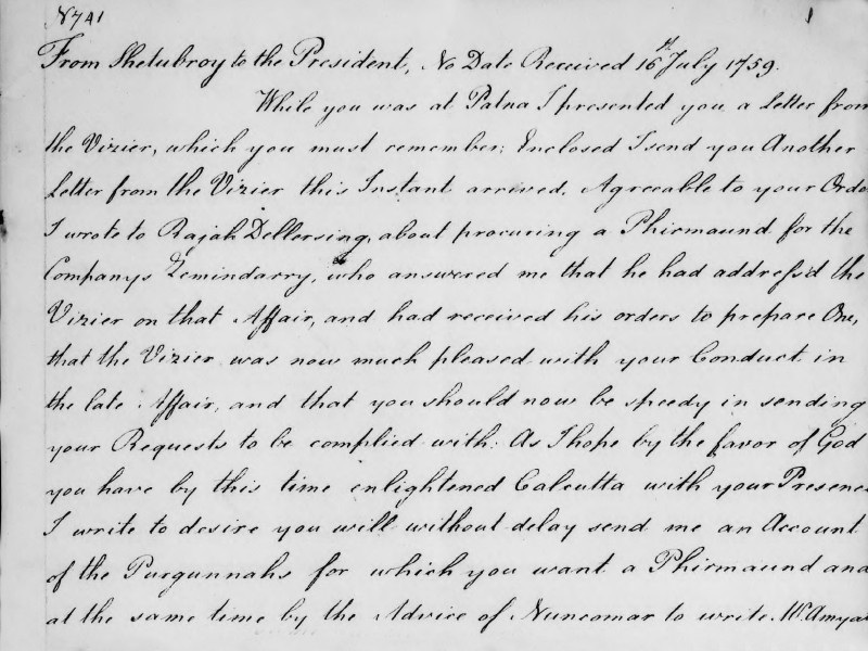 Section of a handwritten letter, received on 16 July 1759.