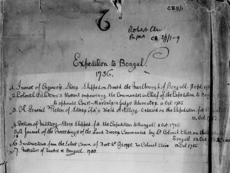 Contents list titled Expedition to Bengal 1756, listing 7 titles of documents.