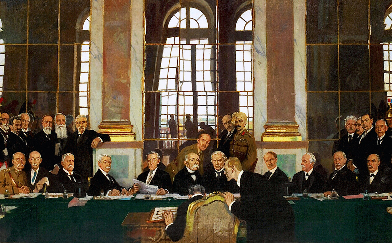 Germany's representative at Versailles, Johannes Bell, signing the Treaty of Versailles. A painting by Sir William Orpen called The Signing of the Peace Treaty in the Hall of Mirrors.