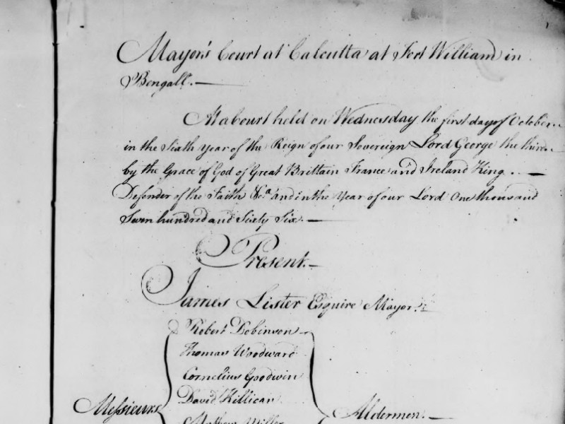 View volume: Records of the Calcutta mayor's court, [c.1765]-1766.