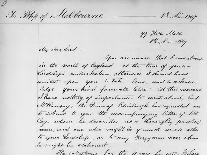 Section of a handwritten letter addressed to the Bishop of Melbourne, dated 1 November 1847.
