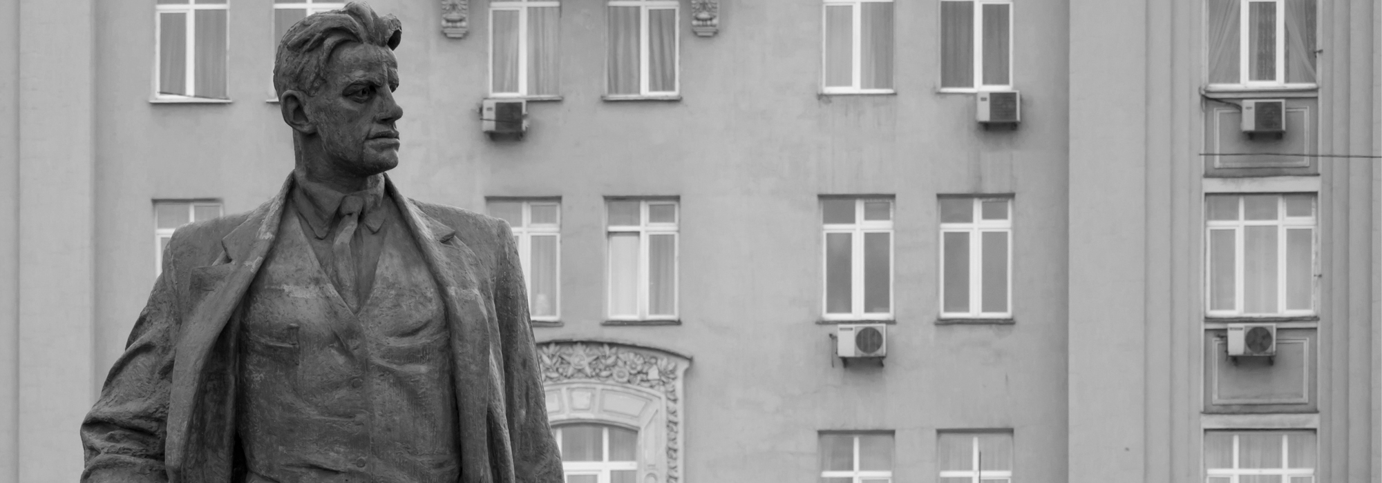 The monument to Vladimir Mayakovsky in Moscow on Mayakovsky Square. A statue of Vladimir Mayakovsky stood looking to the right.