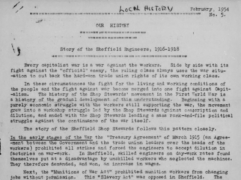 Section of a bulletin titled Our History, Story of the Sheffield Engineers, 1916-1918, dated February 1954.