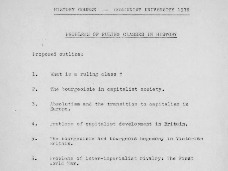Section of a proposed outline for a history course at the Communist University 1976, titled Problems of Ruling Classes in History.
