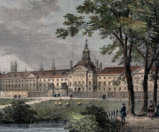 The Hospital of Bethlem [Bedlam] at Moorfields, London: seen from the north, with sheep grazing and people walking in the foreground. Coloured wood engraving by W. H. Prior after an earlier engraving.