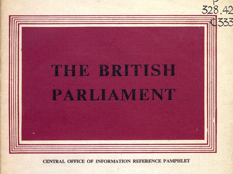 Section of the cover of the Central Office of Information Reference Pamphlet featuring a red rectangle with the text The British Parliament inside.