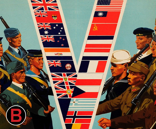 Colour poster by William Little issued in 1941 showing two groups of armed marching soldiers, one from each of the countries allied to fight Germany, Japan, and Italy, facing a giant V for victory composed of the flags of each of the countries allied in the fight.