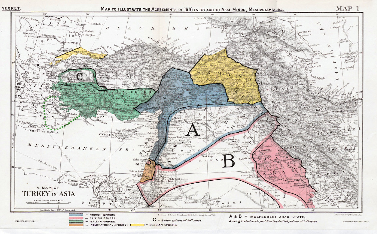 An image of the Sykes–Picot Agreement, showing the partition of the Middle East on a map.