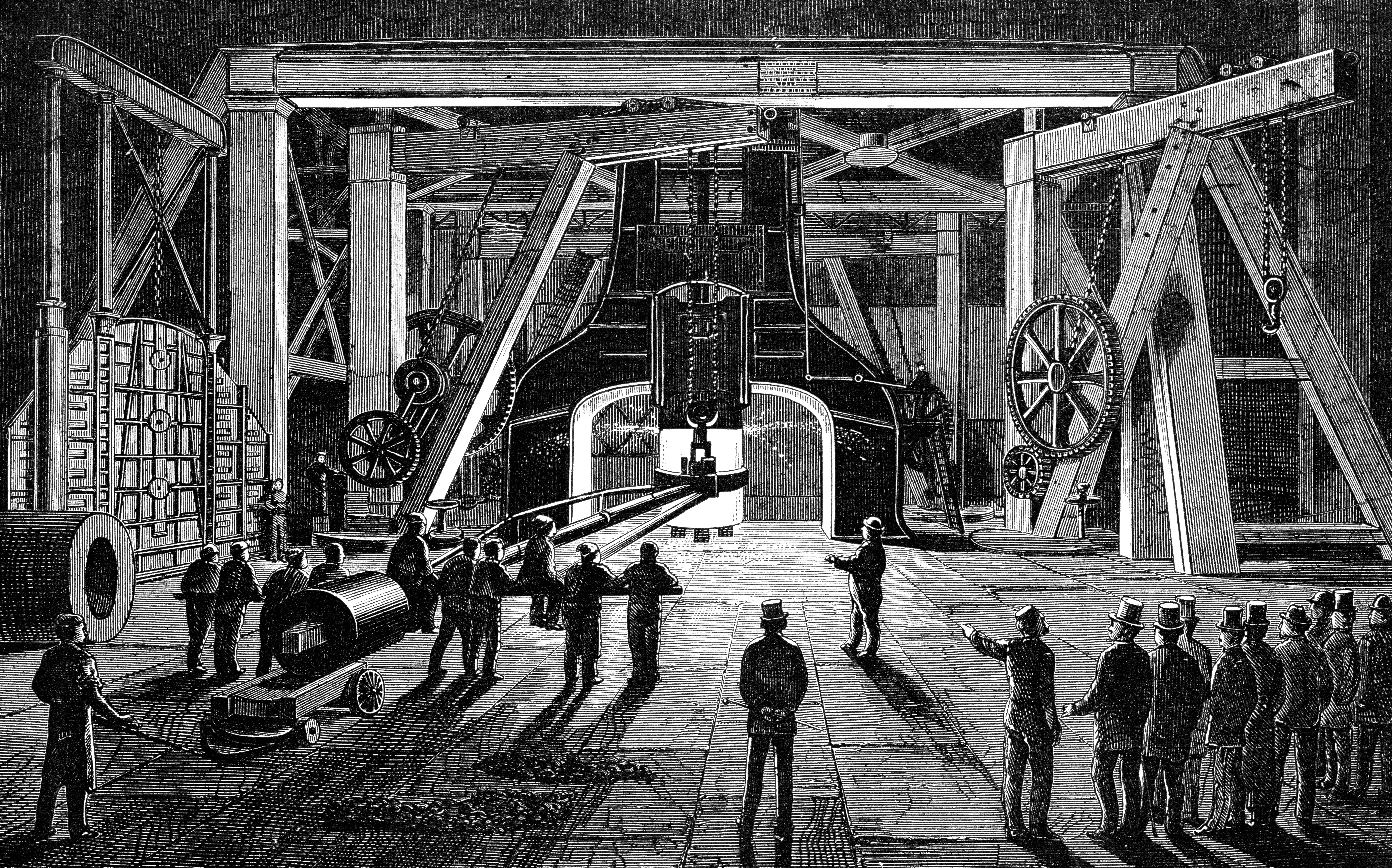 Vintage engraving of the Great Steam Hammer, at the Royal Gun Factory, Woolwich, England. 1884
