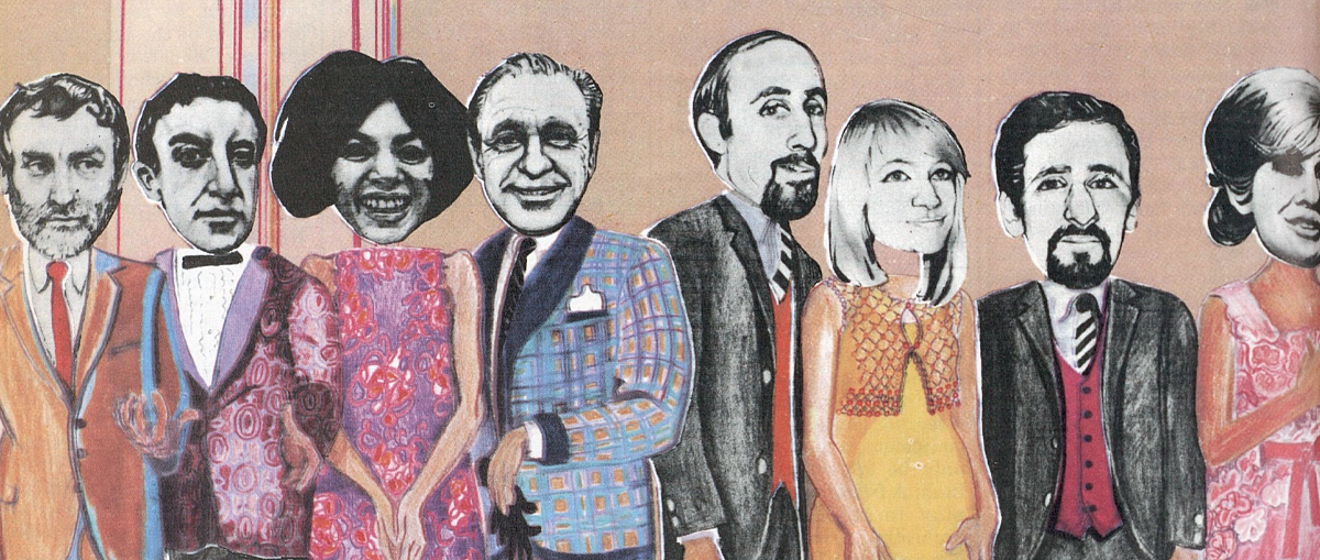 Cartoon of performers at the 1965 Royal Varieties show, including: Spike Milligan, Peter Sellers, Shirley Bassey, Jack Benny, Dusty Springfield, Johnny Hallyday, Sylvie Vartan, Peter Cook, and Dudley Moore