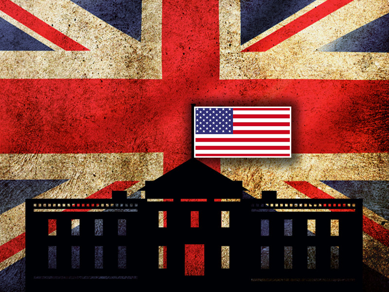 In the foreground is the silhouette of the White House with the USA flag flying above it. The background is the Union Jack flag.