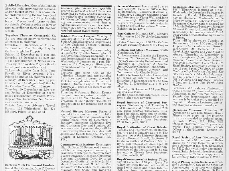Section of a page listing various places to visit in London suitable for children and families, such as Public Libraries and various museums.