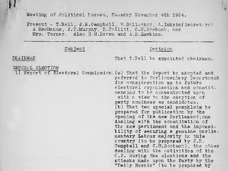 Section of minutes from a Meeting of Political Bureau dated 4 November 1924, regarding the appointment of a chairman and the Report of Electoral Commission.